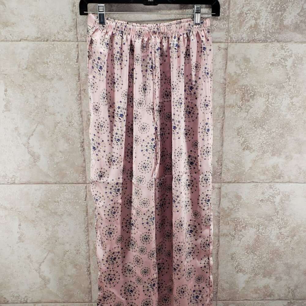 Capri Floral Pajama PJ Bottoms Pants Pink Silky Satin Wide Leg